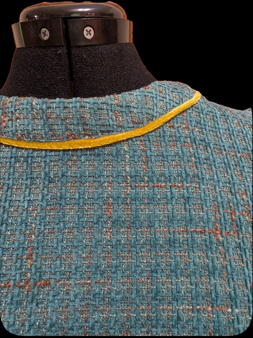 Teal Bouclé Boxy Blouse with Yellow Piping - Picture 3 of 4